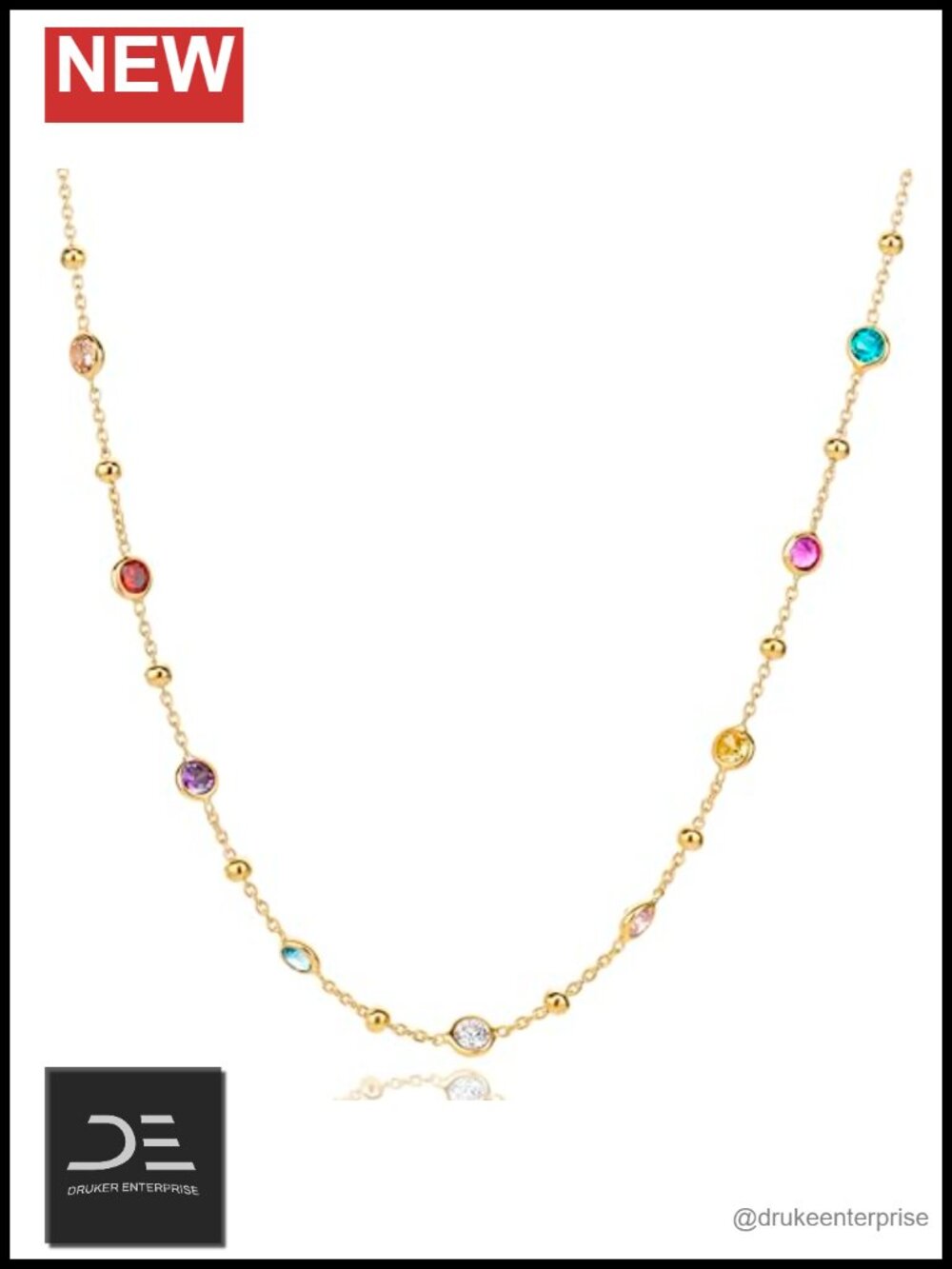 18k Gold Plated 925 Sterling Silver Multi Colored Gem Necklace, 17.32in